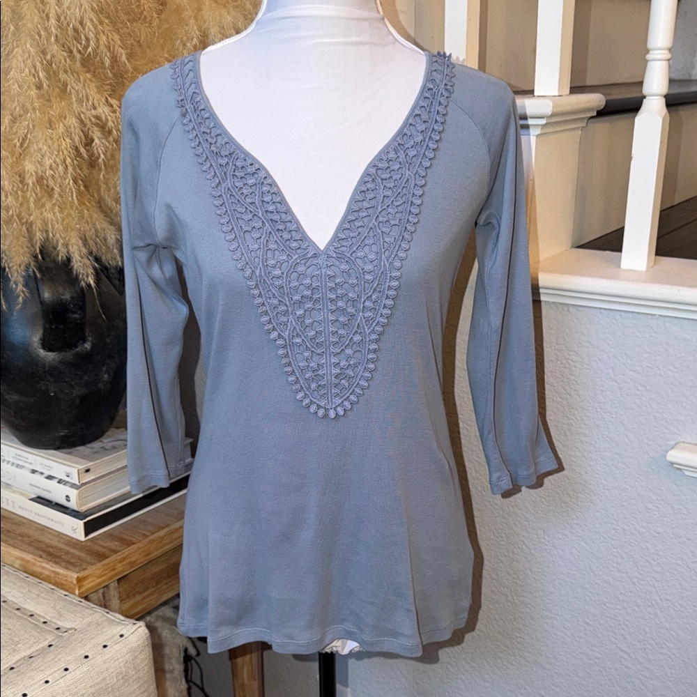 Garnet Hill Slate Blue Crochet-Trim V-Neck Top